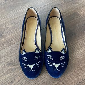 Charlotte Olympia blue velvet and gold kitty flats size 38
